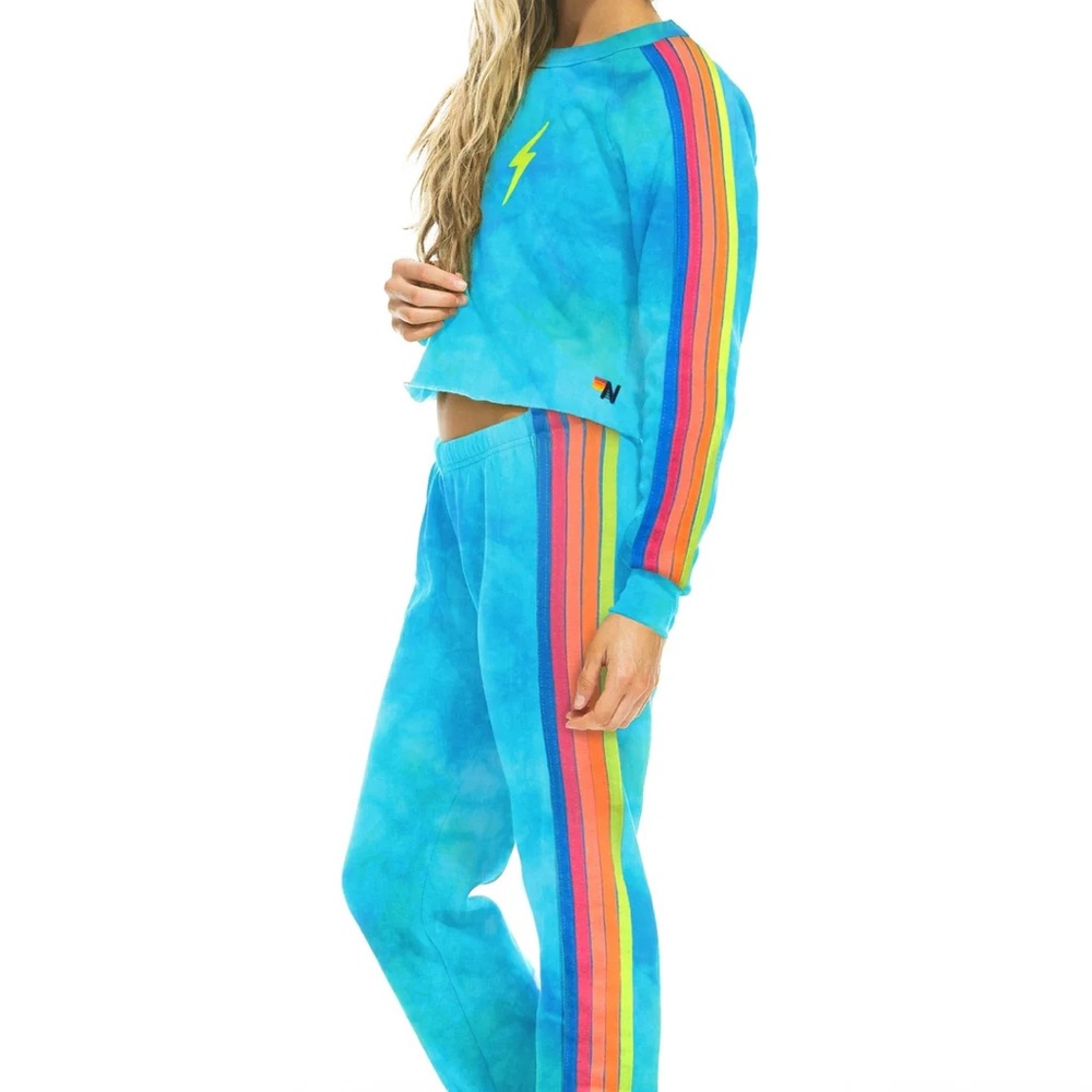 Aviator Nation Blue Tie-Dye Track Suit with Rainbow Stripes